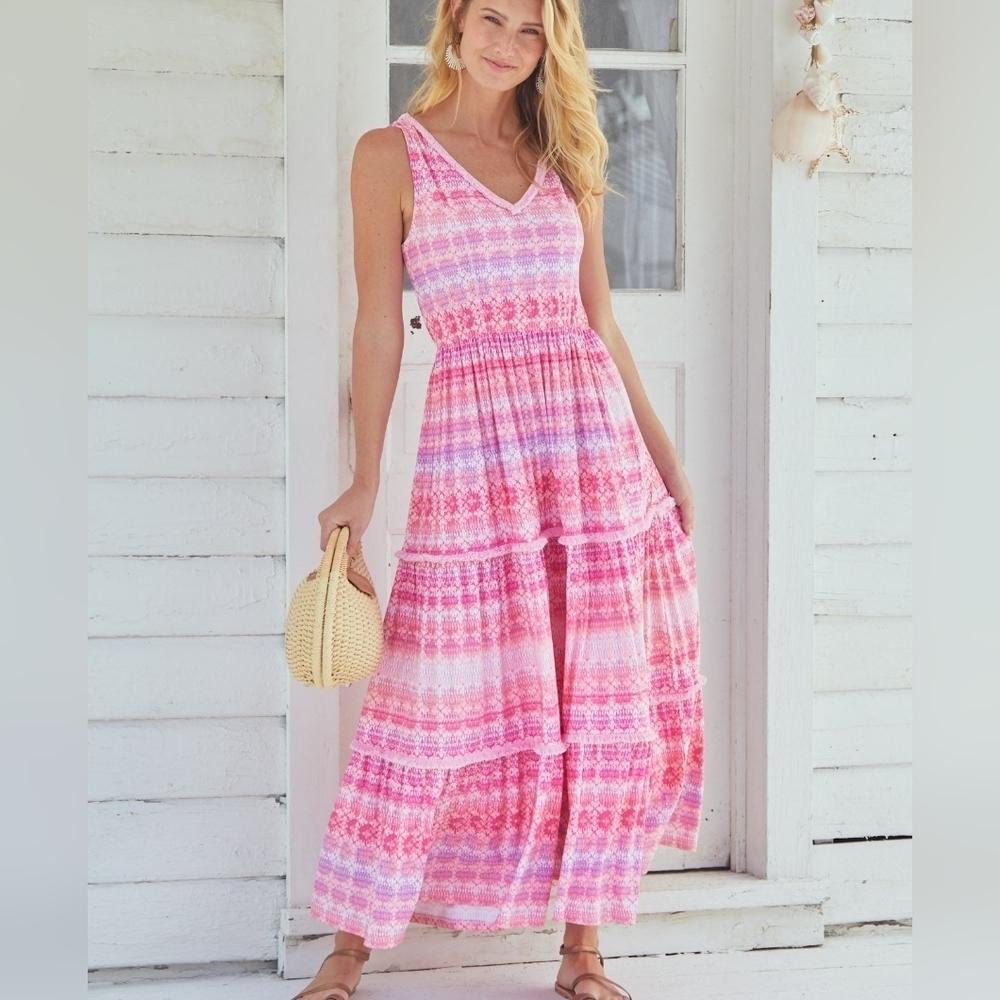 Cabana Life NEW Pink-Napa Sleeveless Tiered/tassels tie Maxi Dress UPF50+